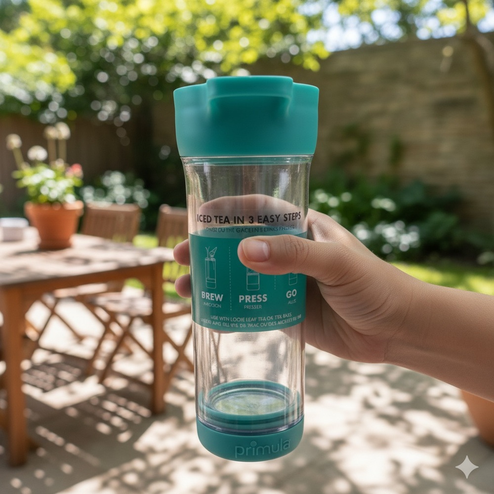 Primula Teal Press and Go Iced Tea Maker Brew 16 oz Travel Tea Infuser Tumbler